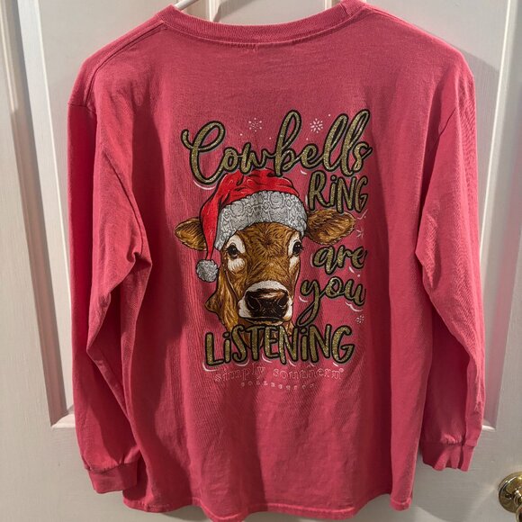 Simply Southern Youth Large Pink Long Sleeve Cow Christmas Shirt ~ Cowbells Ring - Picture 1 of 3